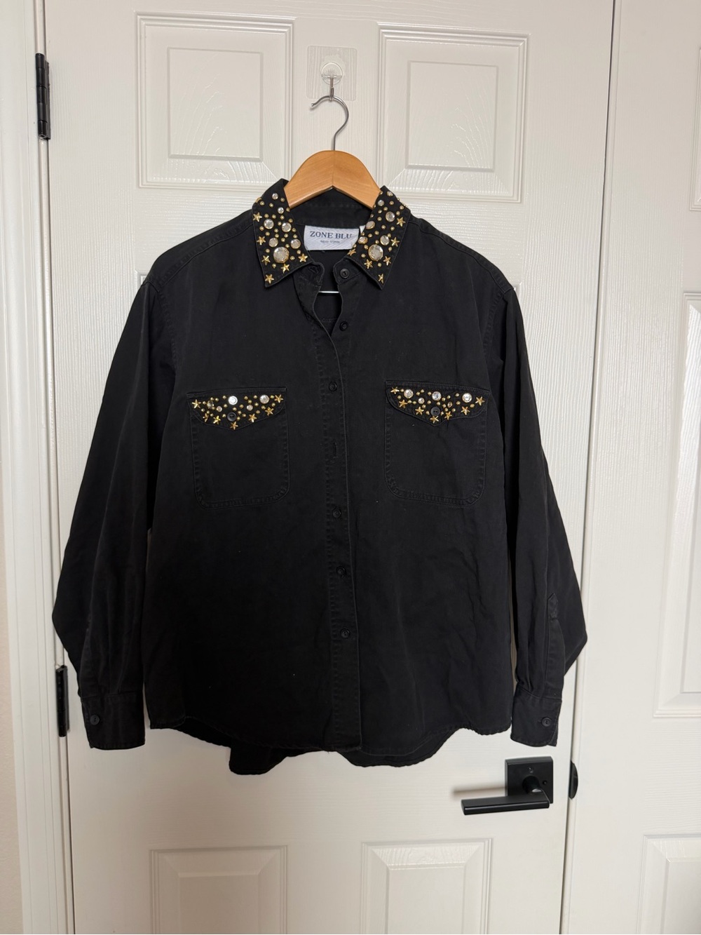 Vintage Western Black Button-Down Shirt with Gold Embellished Collar size L